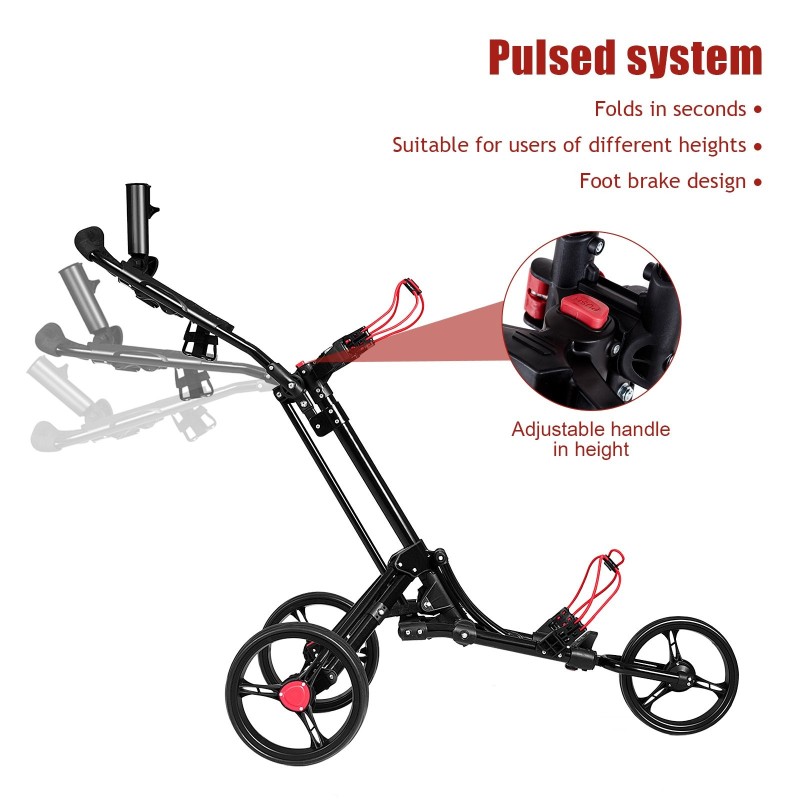 Kolmipyöräinen taitettava musta golfkärry alumiinirakenteella