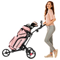 Kolmipyöräinen taitettava musta golfkärry alumiinirakenteella