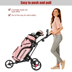 Kolmipyöräinen taitettava musta golfkärry alumiinirakenteella