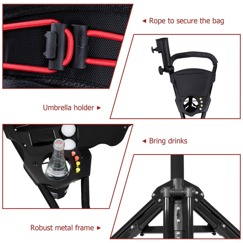 Kolmipyöräinen taitettava musta golfkärry alumiinirakenteella