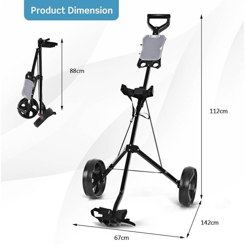 Kaksipyöräinen taitettava golfkärry tulostaululla, musta