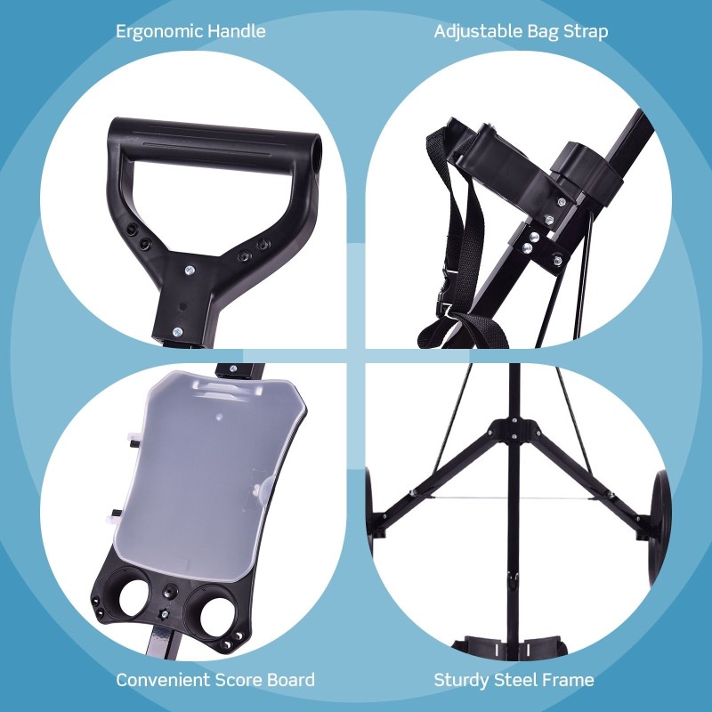 Kaksipyöräinen taitettava golfkärry tulostaululla, musta