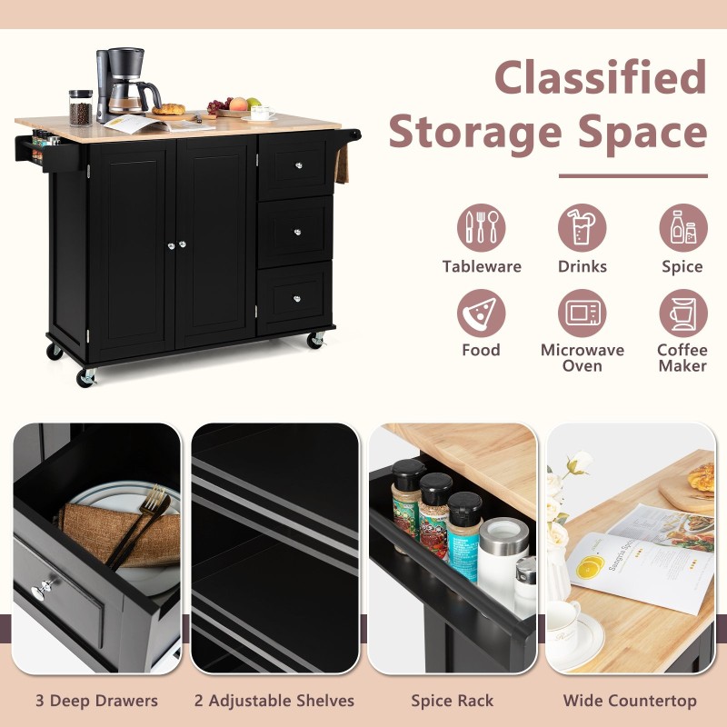 Keittiösaarekevaunu musta 3 laatikkoa ja 2-ovinen kaappi