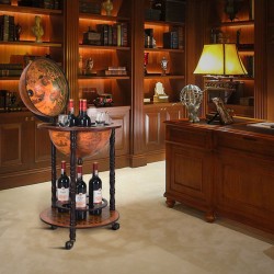 Italialaistyylinen ruskea maapallojuomakaappi pyörillä ja säilytystilalla