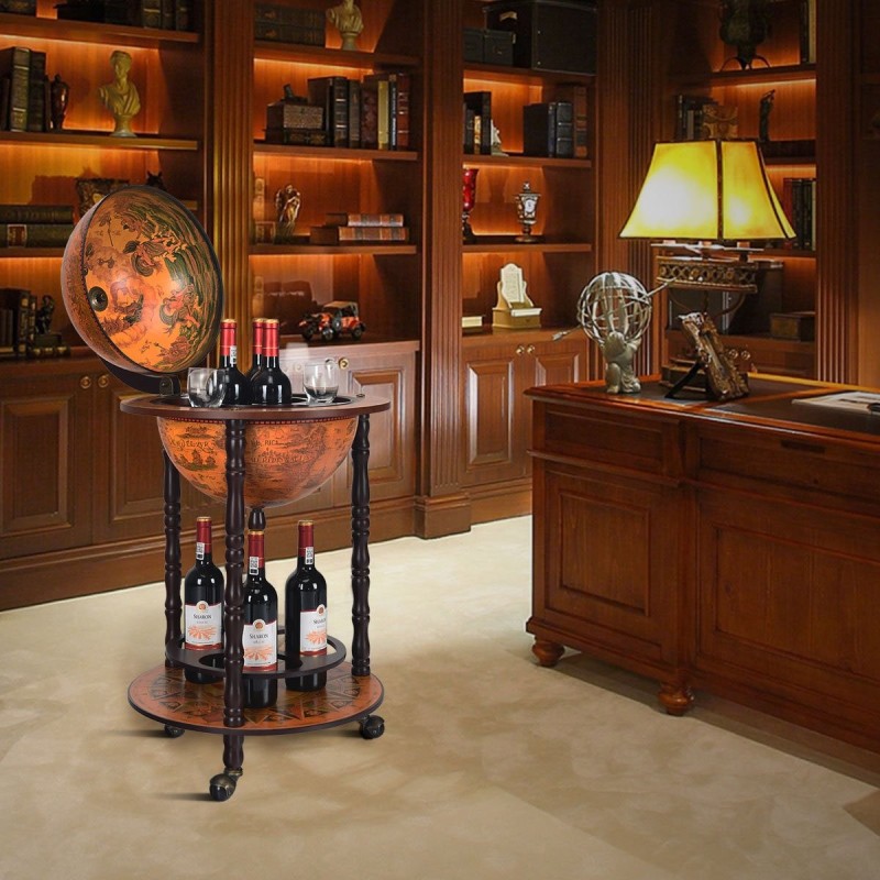 Italialaistyylinen ruskea maapallojuomakaappi pyörillä ja säilytystilalla
