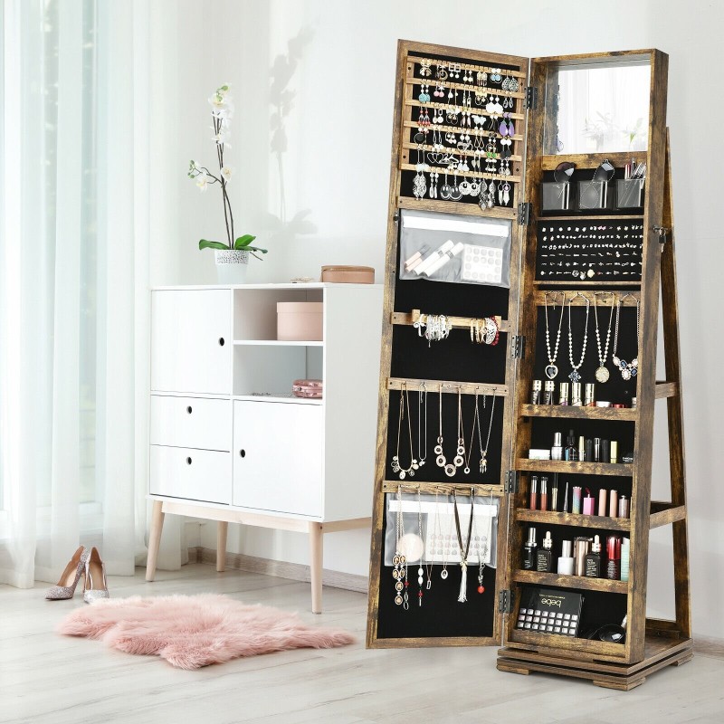 Kääntyvä täyspitkä peilillinen korukaappi ruskea