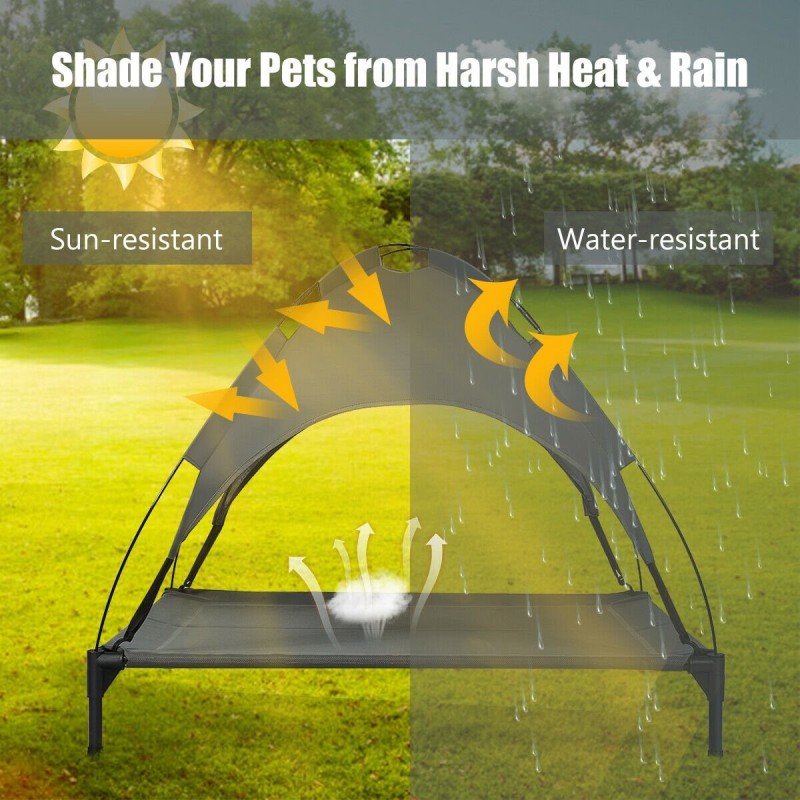 Korotettu harmaa lemmikkisänky katoksella ulko- ja sisäkäyttöön