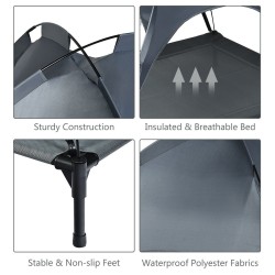 Korotettu harmaa lemmikkisänky katoksella ulko- ja sisäkäyttöön