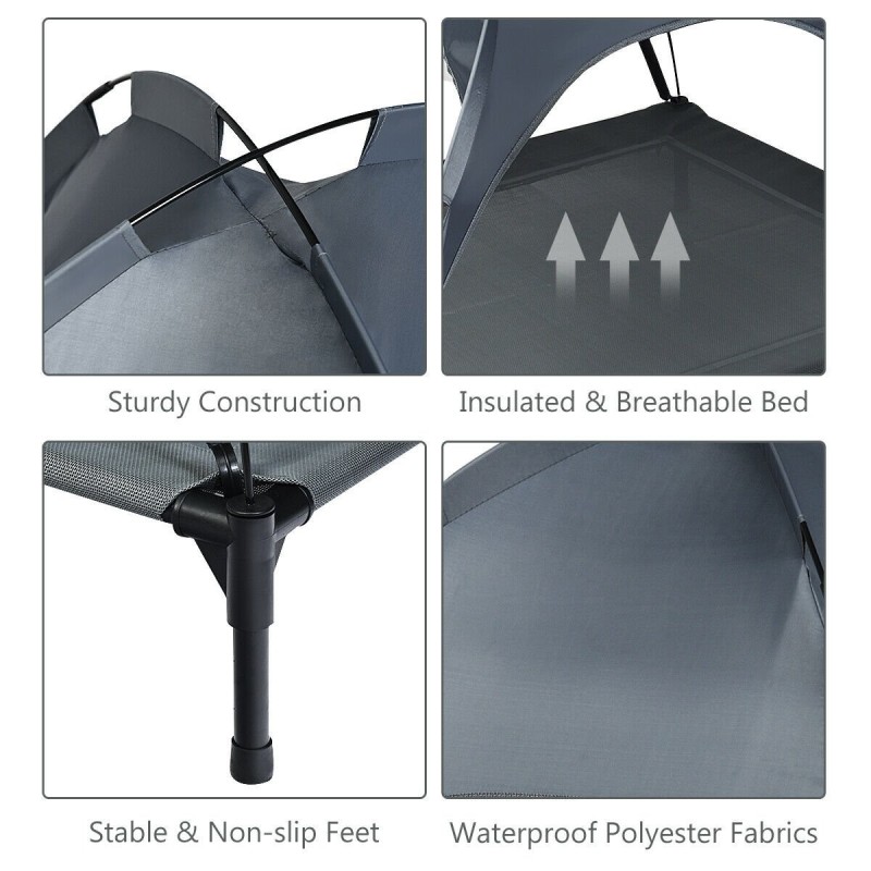 Korotettu harmaa lemmikkisänky katoksella ulko- ja sisäkäyttöön