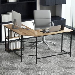 L-muotoinen tietokonepöytä hyllyillä kotiin, luonnollinen väri