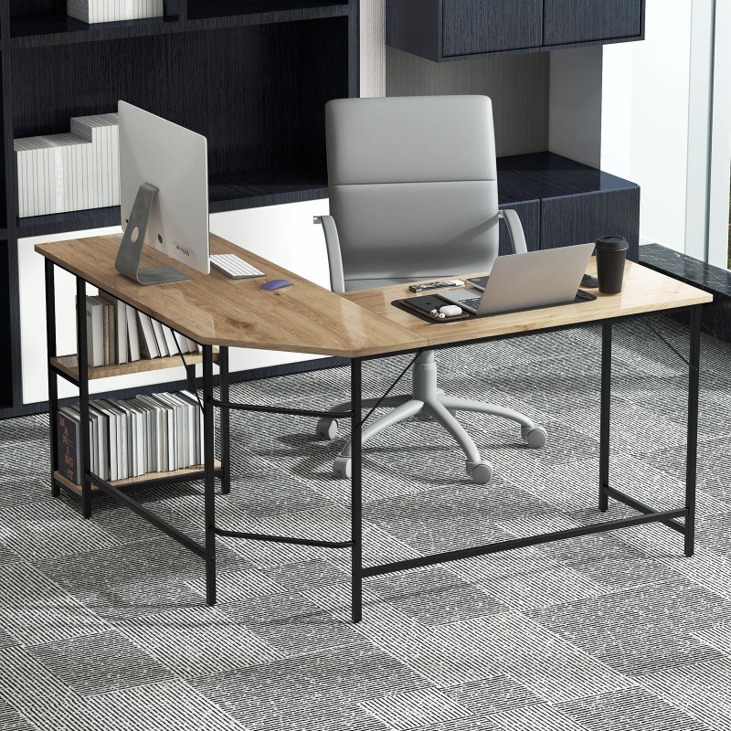 L-muotoinen tietokonepöytä hyllyillä kotiin, luonnollinen väri