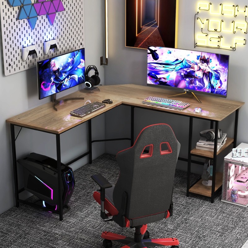 L-muotoinen tietokonepöytä hyllyillä kotiin, luonnollinen väri