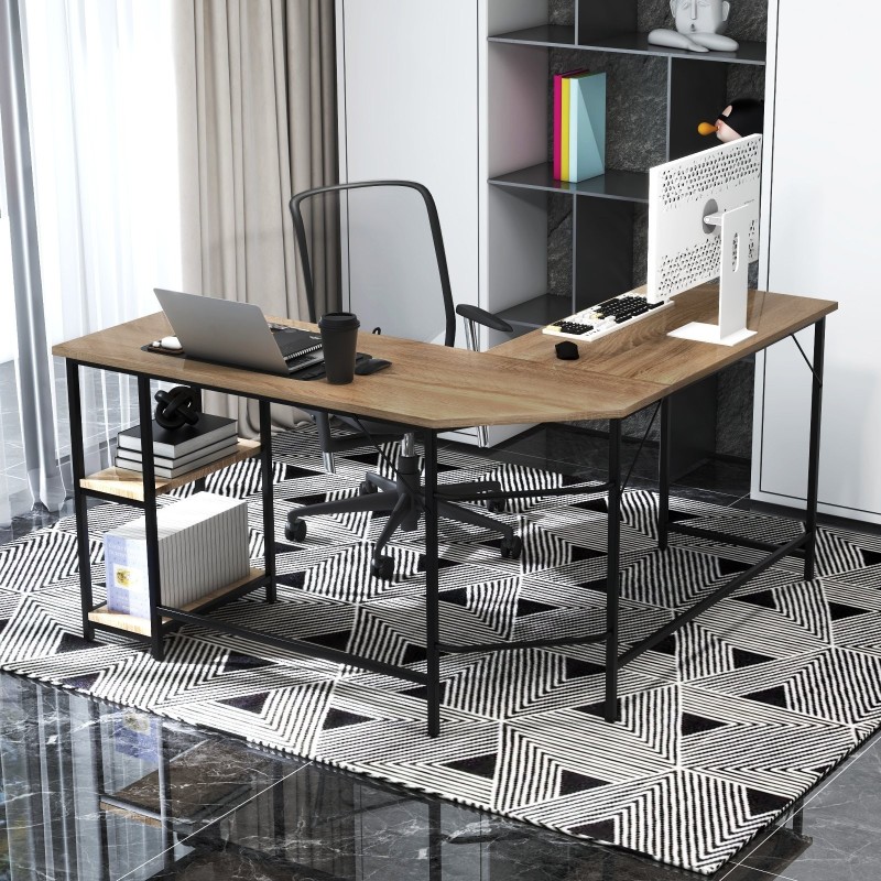 L-muotoinen tietokonepöytä hyllyillä kotiin, luonnollinen väri