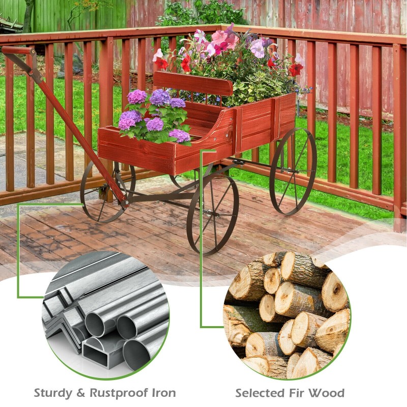 Punainen puinen kukkavaunu neljällä pyörällä ulkokäyttöön