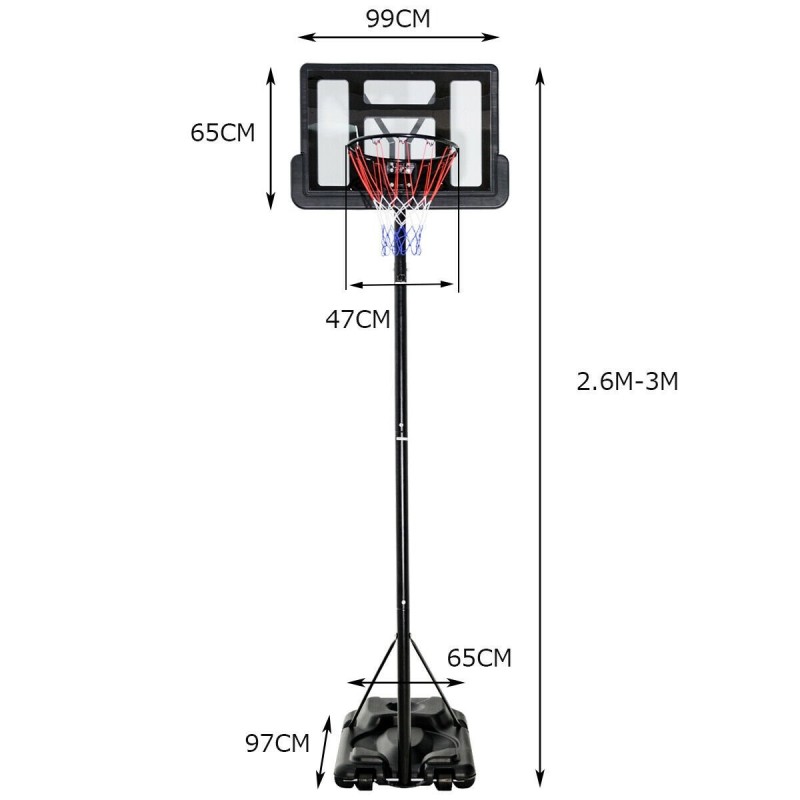 Säädettävä musta koripalloteline pyörillä sisä- ja ulkokäyttöön