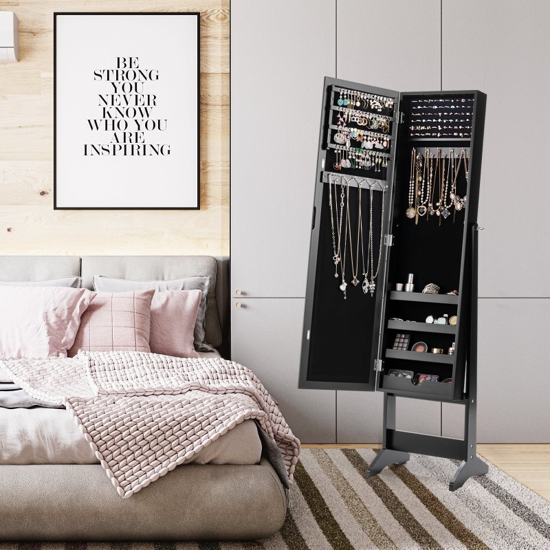 Peilillinen musta korukaappi täysikokoisella säädettävällä peilillä