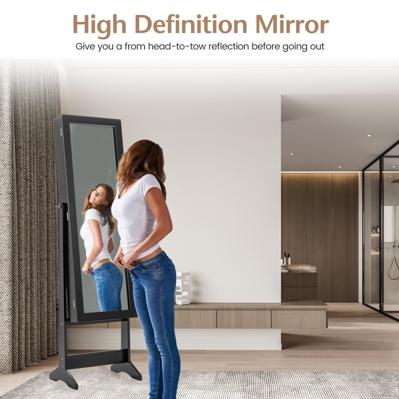 Peilillinen musta korukaappi täysikokoisella säädettävällä peilillä