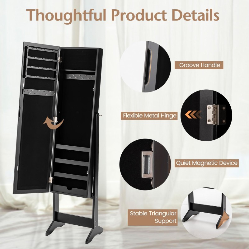 Peilillinen musta korukaappi täysikokoisella säädettävällä peilillä