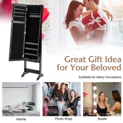 Peilillinen musta korukaappi täysikokoisella säädettävällä peilillä