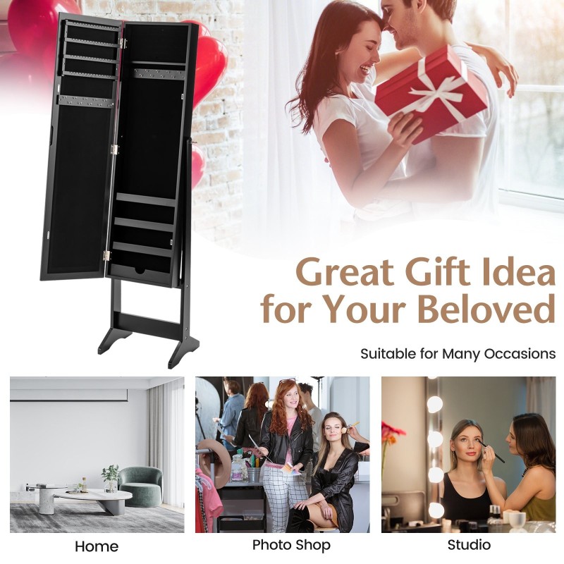 Peilillinen musta korukaappi täysikokoisella säädettävällä peilillä