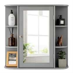 Kolmitasoinen harmaa seinään kiinnitettävä peilikaappi kylpyhuoneeseen