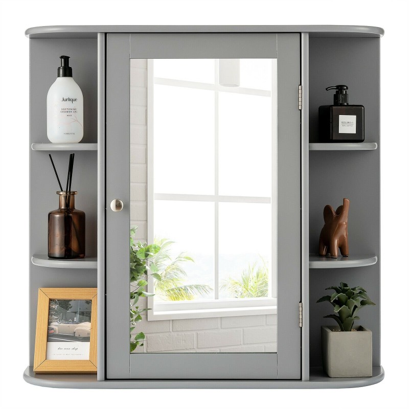 Kolmitasoinen harmaa seinään kiinnitettävä peilikaappi kylpyhuoneeseen