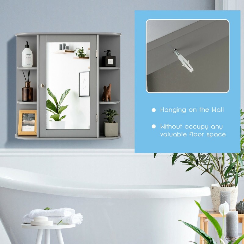 Kolmitasoinen harmaa seinään kiinnitettävä peilikaappi kylpyhuoneeseen