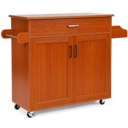 Ruskea liikuteltava keittiövaunu säädettävällä hyllyllä ja laatikolla