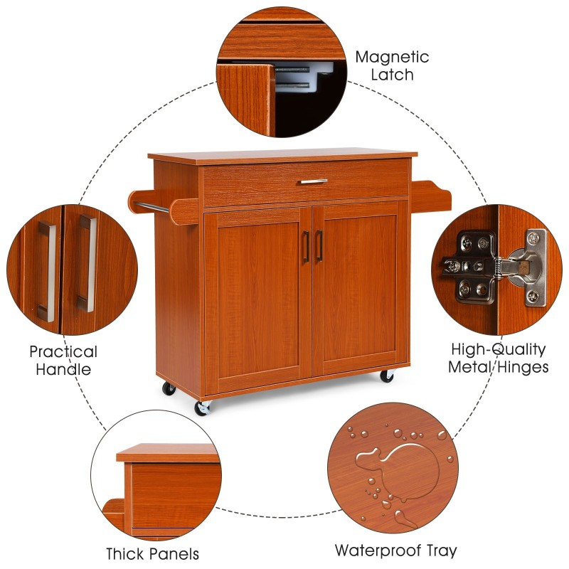 Ruskea liikuteltava keittiövaunu säädettävällä hyllyllä ja laatikolla