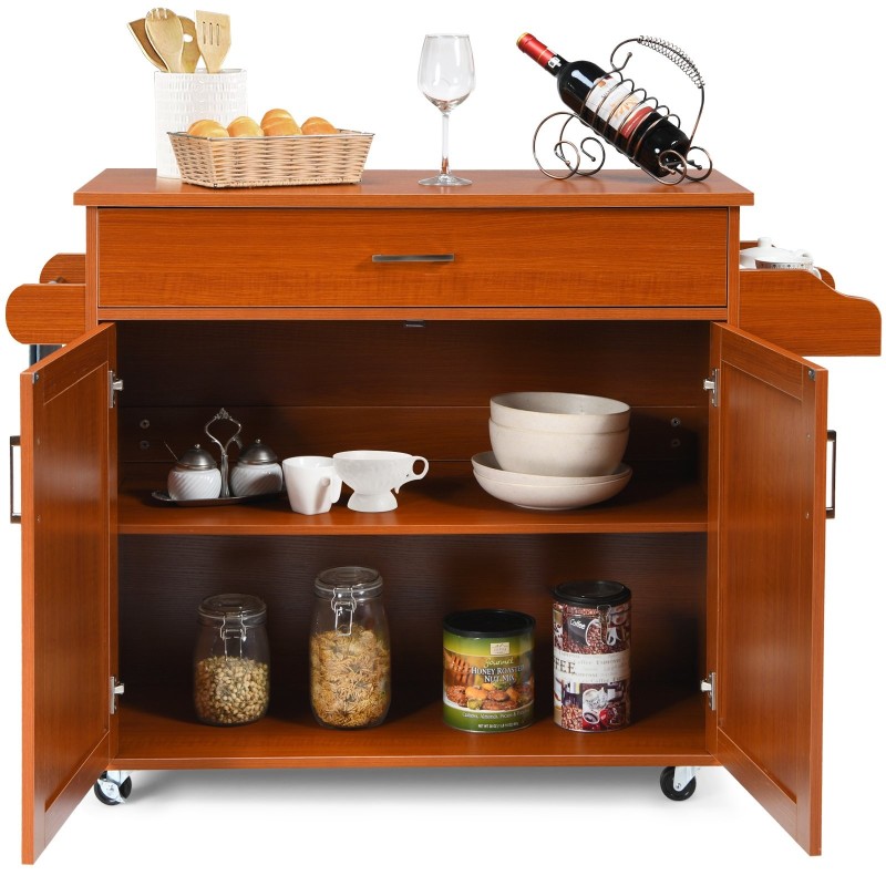 Ruskea liikuteltava keittiövaunu säädettävällä hyllyllä ja laatikolla