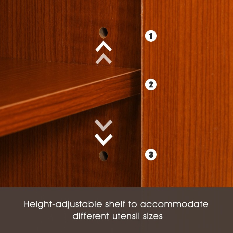 Ruskea liikuteltava keittiövaunu säädettävällä hyllyllä ja laatikolla