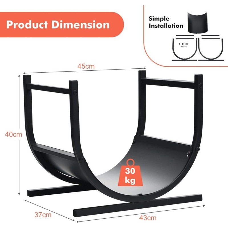 U-muotoinen musta metallinen polttopuuteline sisä- ja ulkokäyttöön