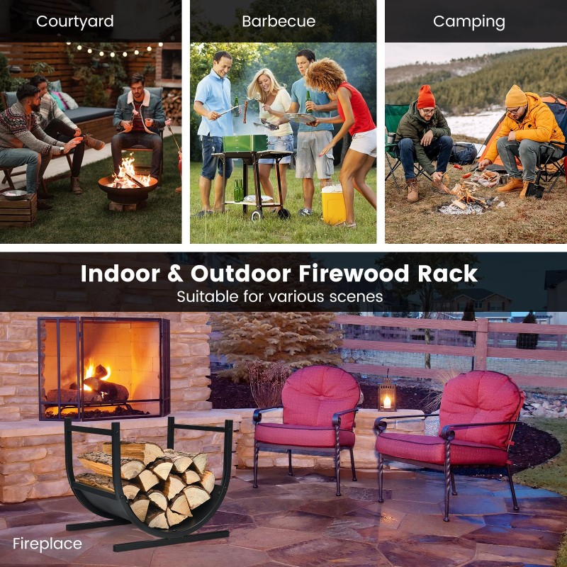 U-muotoinen musta metallinen polttopuuteline sisä- ja ulkokäyttöön