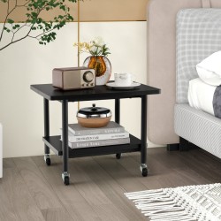 Kaksitasoinen musta tulostinteline pyörillä ja säilytystilalla