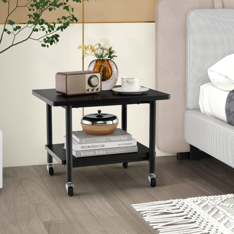 Kaksitasoinen musta tulostinteline pyörillä ja säilytystilalla