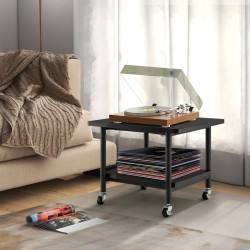 Kaksitasoinen musta tulostinteline pyörillä ja säilytystilalla