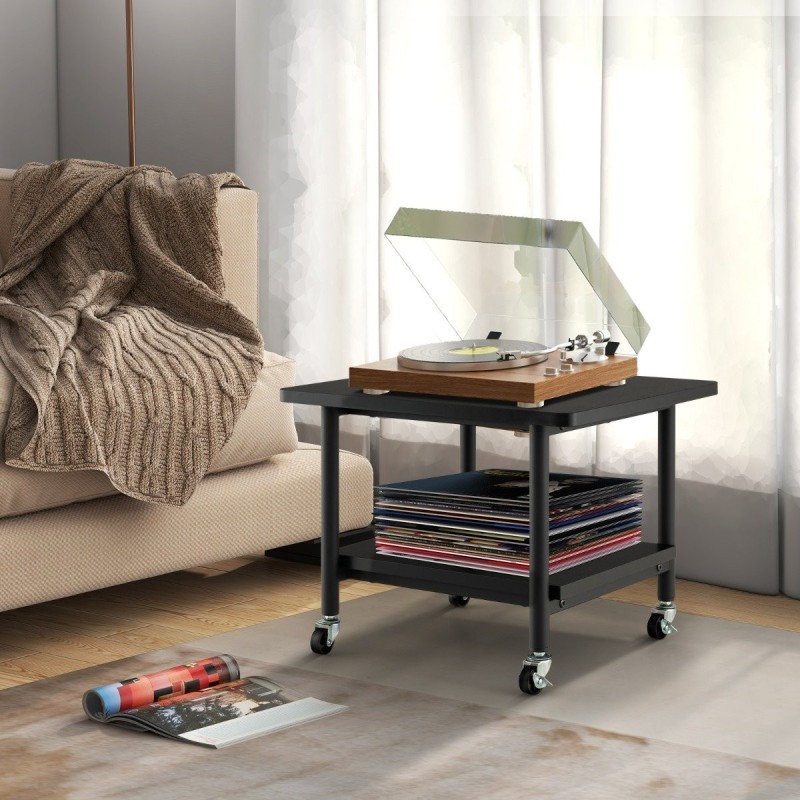 Kaksitasoinen musta tulostinteline pyörillä ja säilytystilalla