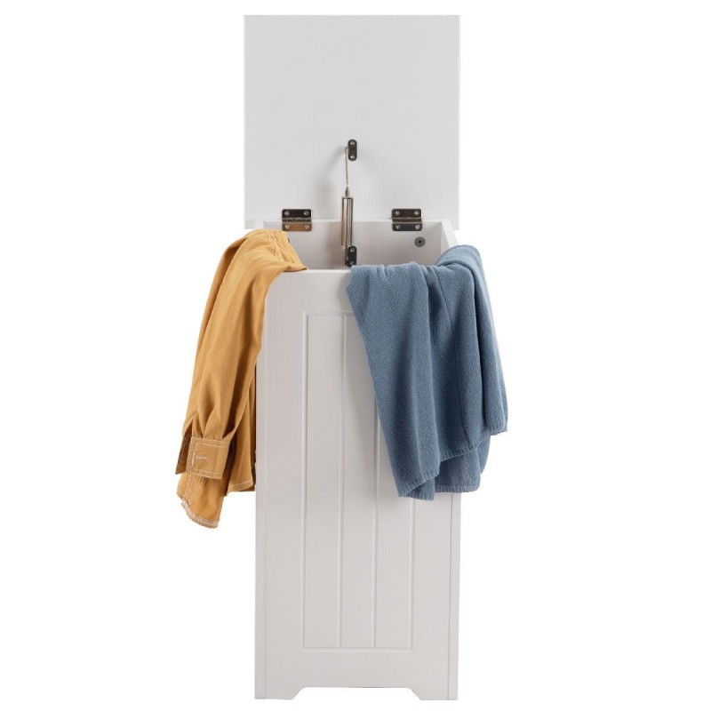 Valkoinen puinen pyykkikaappi nostettavalla kannella