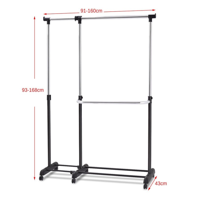 Säädettävä musta vaatekaappi pyörillä ja lisätilalla