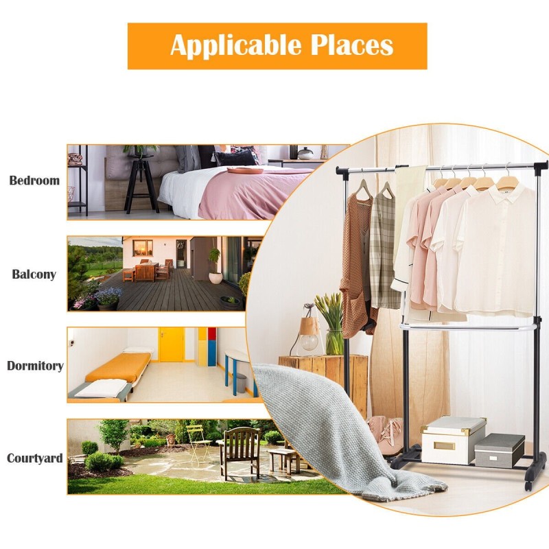 Säädettävä musta vaatekaappi pyörillä ja lisätilalla