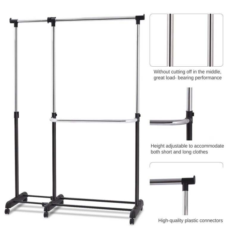 Säädettävä musta vaatekaappi pyörillä ja lisätilalla