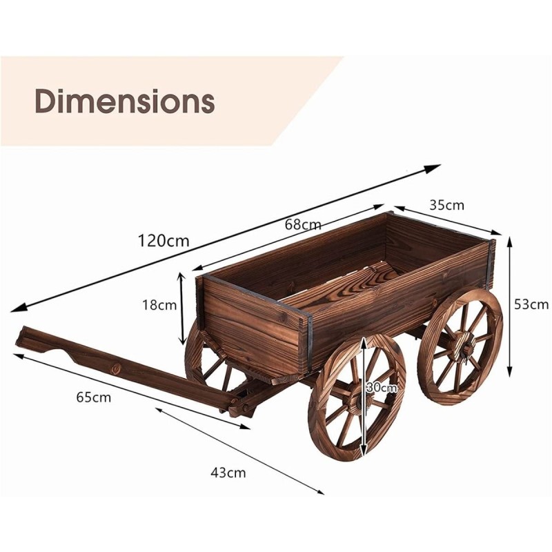 Puinen kukkakärry 4 pyörällä, ruskea, 120x43x53,5 cm