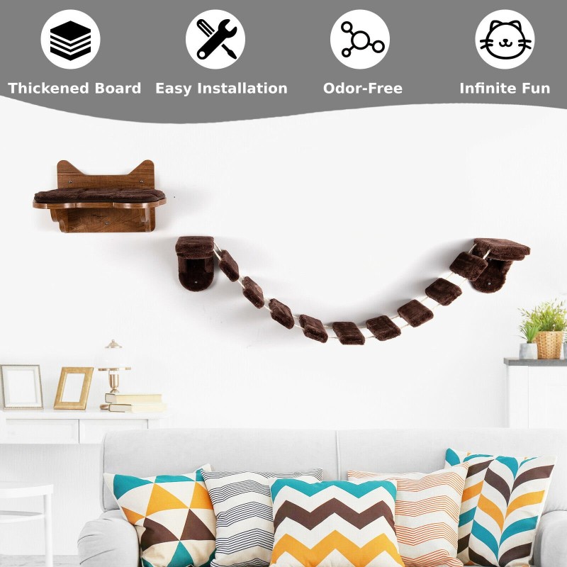 Seinään kiinnitettävä kissan kiipeilyteline ja leikkisilta ruskea