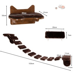 Seinään kiinnitettävä kissan kiipeilyteline ja leikkisilta ruskea