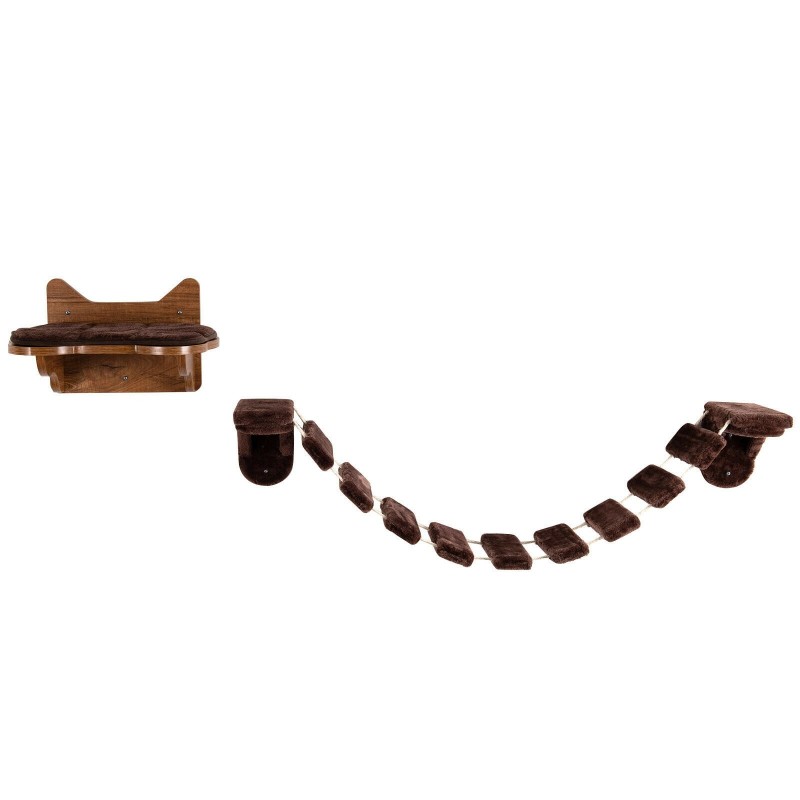 Seinään kiinnitettävä kissan kiipeilyteline ja leikkisilta ruskea