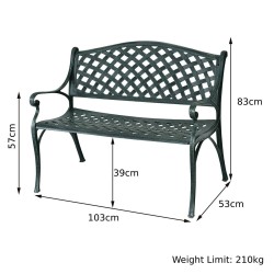 Alumiininen puutarhapenkki käsinojilla, antiikin vihreä