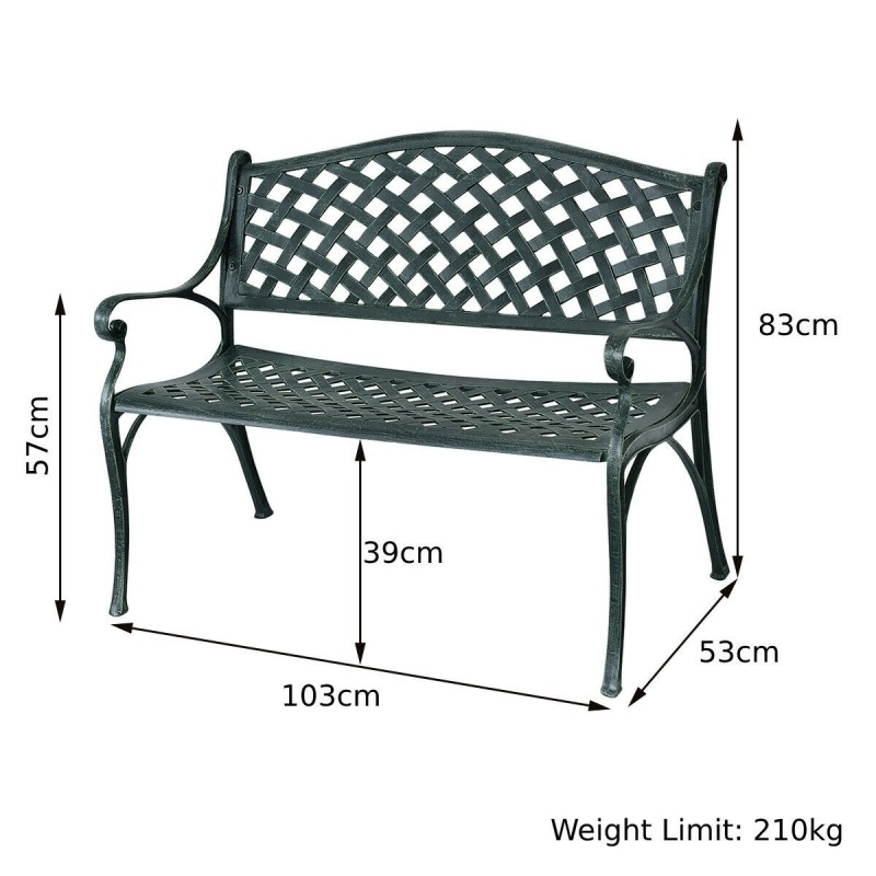 Alumiininen puutarhapenkki käsinojilla, antiikin vihreä