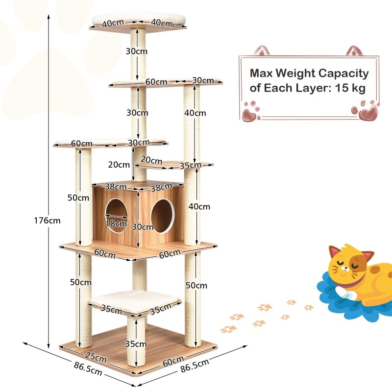 Puinen kissapuu torni pehmusteilla ja raapimistolpilla