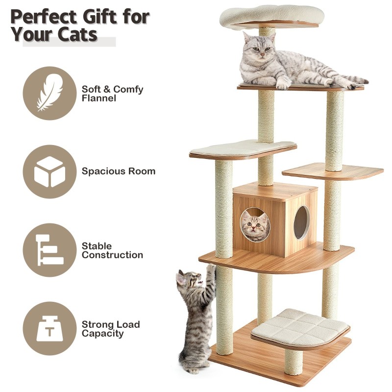Puinen kissapuu torni pehmusteilla ja raapimistolpilla