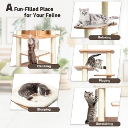 Puinen kissapuu torni pehmusteilla ja raapimistolpilla